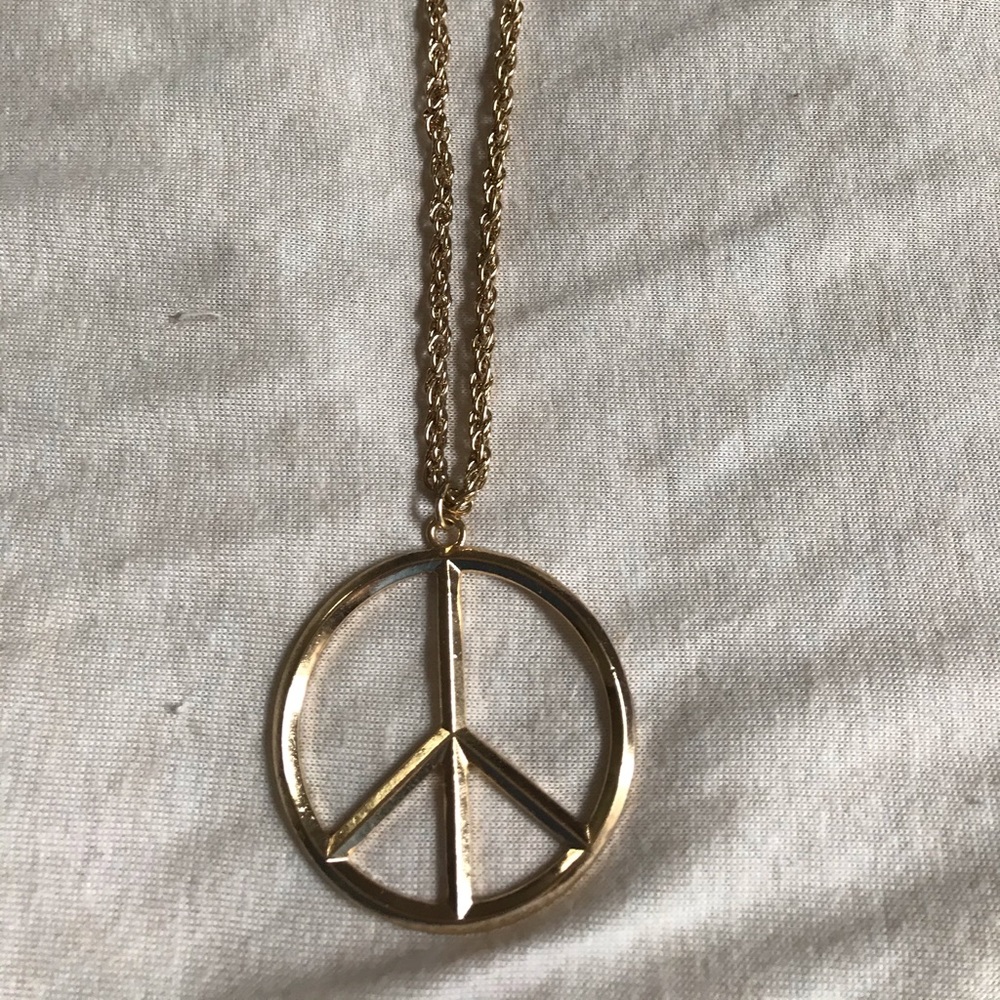 Long Hippie Peace Sign Necklace Gold